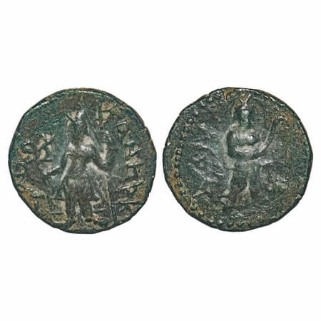 Kushanas, Kanishka I, Copper Drachma, 4.14g, 18.55x18.63mm, Obv: King standing facing head