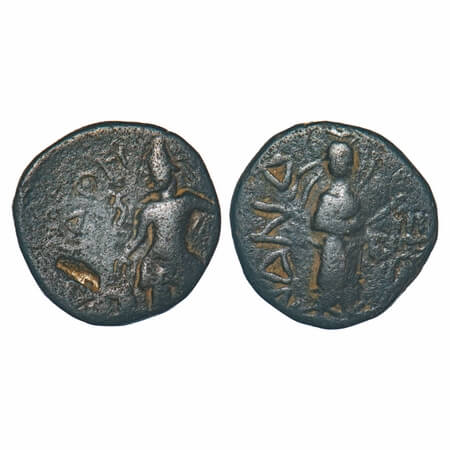 Kushanas, Kanishka I, Copper 1/4 Drachma, 3.88g, 16.46x16.84mm, Obv: King standing facing 