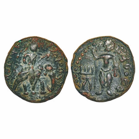 Kushanas, Huvishka, Copper Unit, 11.5g, 25.71x24.48mm, Obv: King riding an elephant to rig
