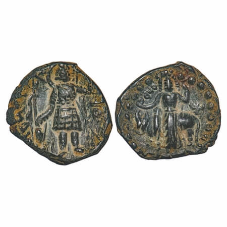 Kushanas, Vasudeva I (c. 180-220 AD), Copper Unit, 8.44g, 22.65x23.64mm, Obv: King standin