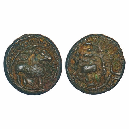 Vishnukundin Dynasty, Andhra Region, Copper Base Alloy, 6.69g, 19.59x18.80mm, Obv: Roaring