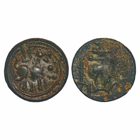 Vishnukundin Dynasty, Andhra Region, Copper Base Alloy, 3.73g, 16.93x16.80mm, Obv: Roaring