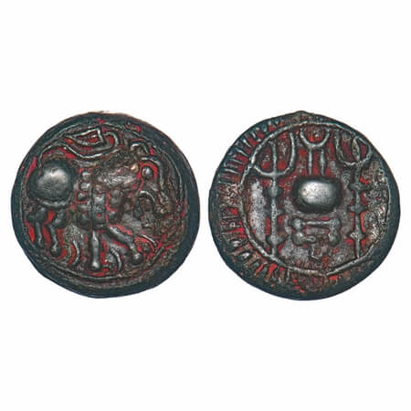 Vishnukundin Dynasty, Andhra Region, Copper Base Alloy, 8.98g, 17.76x17.92mm, Obv: Lion wa