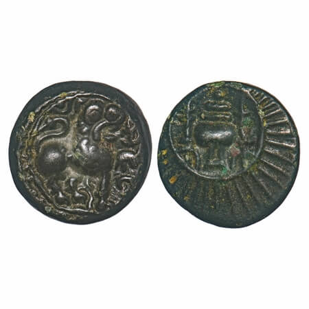 Vishnukundin Dynasty, Andhra Region, Copper Base Alloy, 9.30g, 20.13x19.65mm, Obv: Roaring