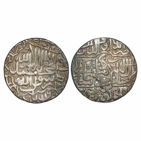 Akbar, Silver Rupee, 11.28g, Dar ul Khilafat Jaunpur Mint, AH 974, fine calligraphy on bot