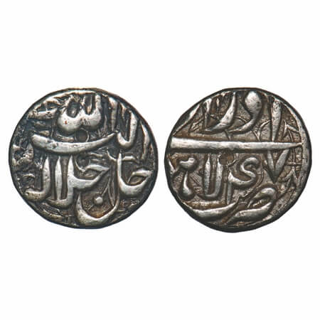 Akbar, Silver ½ Rupee, 5.66g, Lahore Mint, Ilahi type, Month 'Azar', Year 47. KM 66.3. Ver