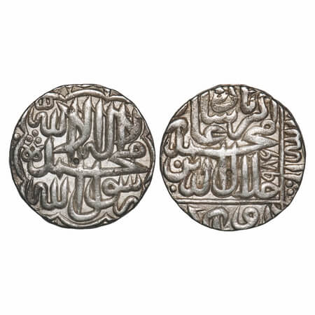 Akbar, Silver Rupee, 11.39g, Lahore Mint, AH 989, Kalima type, legend within wavy lined sq