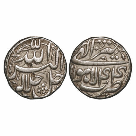 Akbar, Silver Rupee, 11.40g, Lahore Mint, Ilahi type, Month 'Tir', Year 44. KM 93.11. Abou