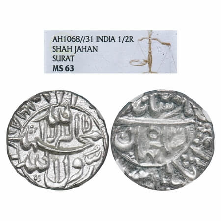 Shah Jahan I, Silver 1/2 Rupee, Surat Mint, AH 1068/31 RY. KM Unlisted Type. NGC graded MS