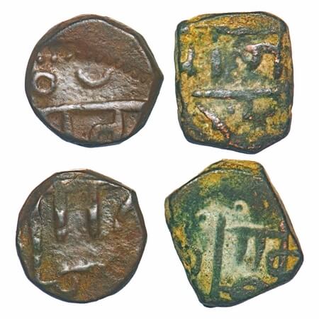 Maratha Confederacy, Copper Shivrai Paisa, (2 Coins), 7.01 & 9.27g, Obv: (Shri) Raj(a) (sh