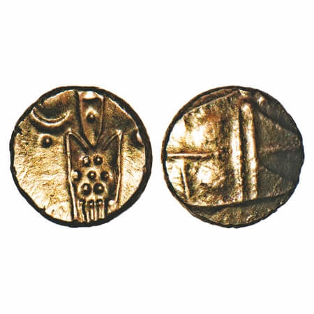 Marathas of Gingee, Gold Fanam, 0.34g, 18 Cen. AD, Obv: ‘Kali’ like design, Rev: Nagari le