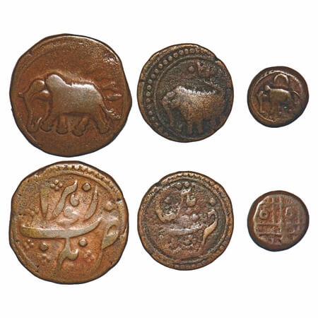 Mysore, Copper (3 Coins), 1) Tipu Sultan, Paisa, Nagar Mint, AM 1222 date above elephant t