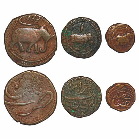 Mysore, Copper (3 Coins), Tipu Sultan, 1) Paisa, Patan Mint, 2) 1/2 Paisa, Patan mint, AH 