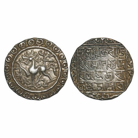 Tripura, Silver Tanka, 10.87g, Rajdhar Manikya (SE 1508-1521 / 1586-1599 AD), Obv: Lion fa