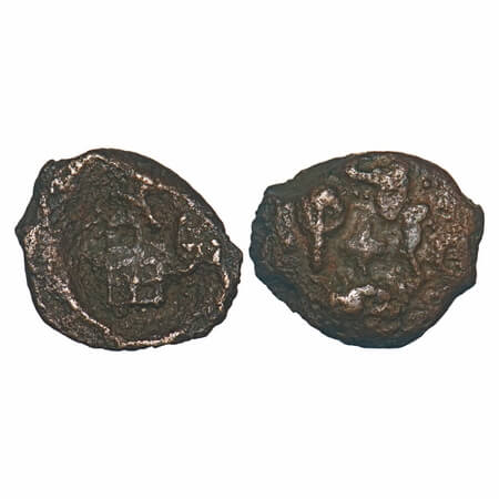 Kunindas, Amoghabhuti type, Copper ½ Unit, 1.47g, 13.70x14.74mm, Obv: Deer standing (off f