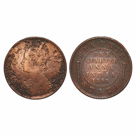 Bikanir, Copper ¼ Anna, 6.19g, Ganga Singh, 1895 AD, with the name and portrait of Victori