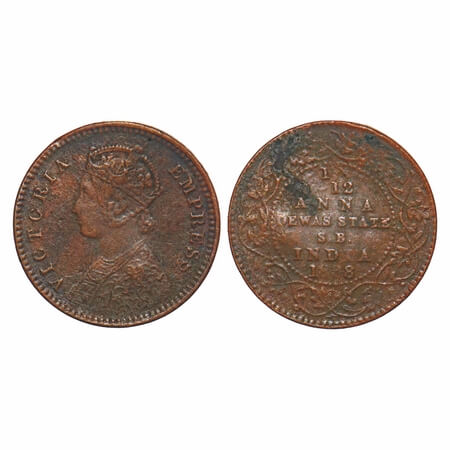 Dewas Senior, Copper 1/12 Anna, 1.89g, Narayan Rao (c. 1864-1892 AD), Crowned bust of Vict
