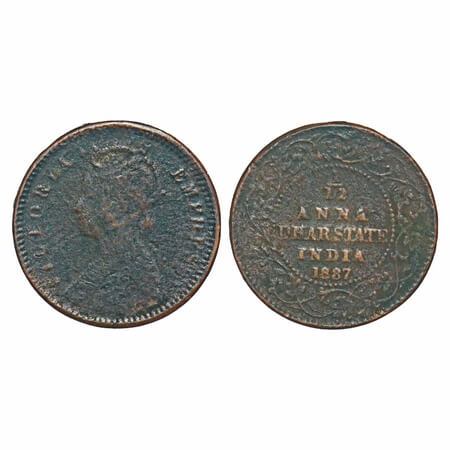 Dhar, Copper 1/12 Anna, 1.86g, Anand Rao III, 1887 AD, bust of Victoria Empress on obv. KM