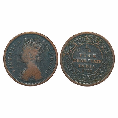 Dhar, Copper ½ Pice, 3.18g, Anand Rao III, AD 1887, bust of Victoria Empress on obv. KM 12