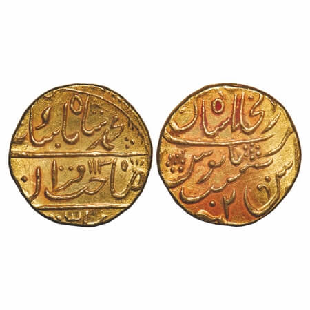 Gwalior, Gold Mohur, 10.82g, Jayaji Rao (1843-1886 AD), Lashkar mint, pseudo mint name Dar