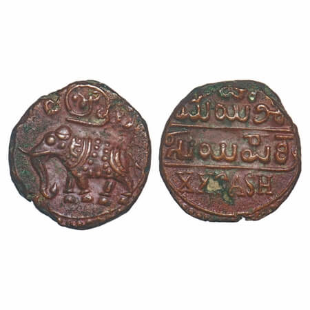 Mysore, Copper 20 Cash, 8.60g, Krishna Raja Wodeyar (AH 1225-1285, 1810-1868 AD), elephant