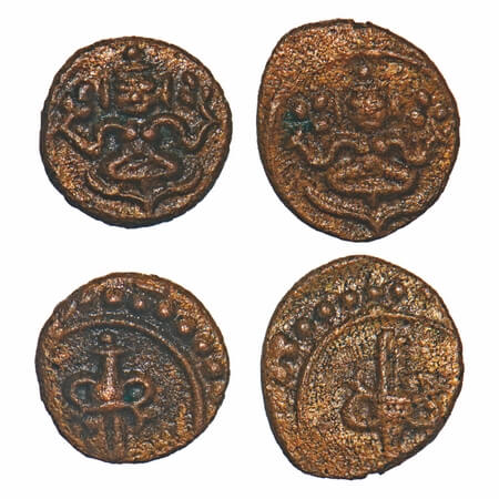 Travancore, Copper Cash (2 Coins), 0.59 & 0.61g,two different types, Obv: Diety seated pos