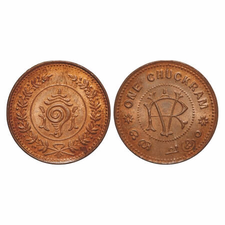 Travancore, Copper One Chuckrum (1906-1935 AD), 10.15g, Rama Varma VI (ME 1061-1099 / 1885
