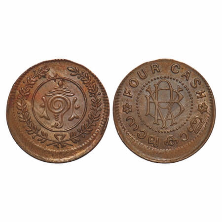 Travancore, Bronze 4 Cash, 1.92g, Bala Rama Varma II, 20% die shift. KM 58. Almost Uncircu