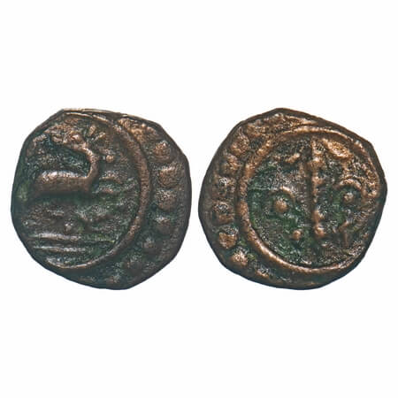 Travancore, Copper Thira Cash, 1.17g, Obv: Deer to right head turnrd back, Rev: stylised b