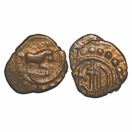 Travancore, Copper Thira Cash, 0.83g, Obv: Prancing horse, Rev: double umbrella, lamp and 