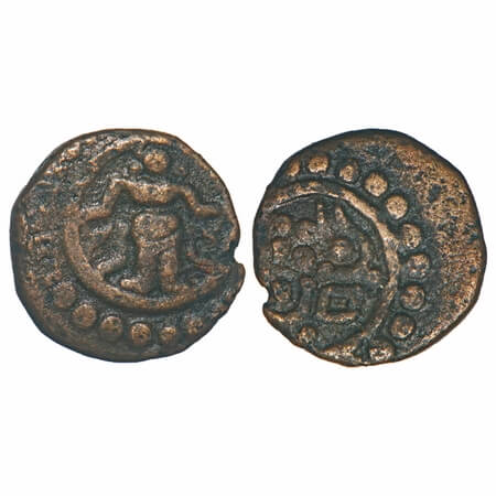 Travancore, Copper Thira Cash, 1.21g, Obv: Artistic representation of Kaliyan emblem, Rev: