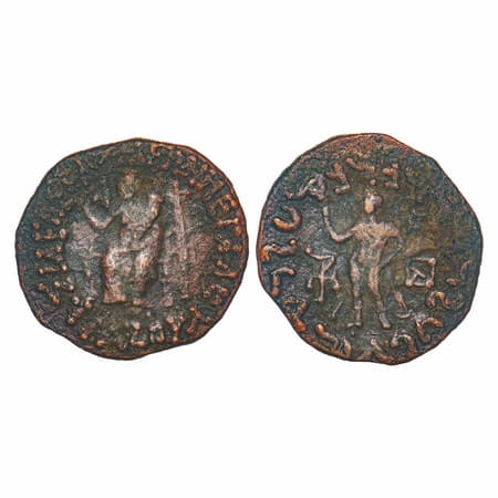 Indo-Scythians, Azes II, Copper Unit, 11.79g, 26.54x26.09mm, Obv: City goddess seated on a