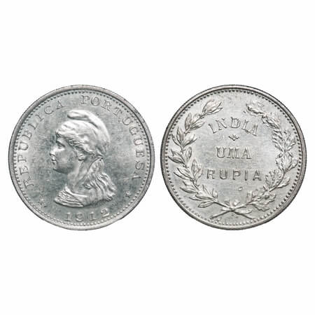 Indo Portuguese, Silver Uma Rupee, 11.60g, Republic (1910-1961 AD), 1912 AD. Obv: Bust & d