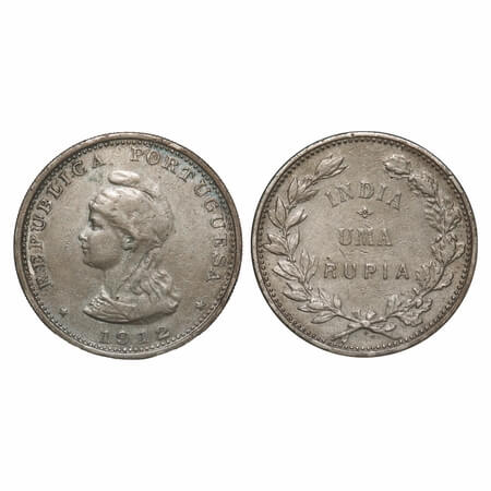 Indo Portuguese, Silver Rupia, 11.75g, Republic (1910-1961 AD), 1912 (overstruck 2 over 1 