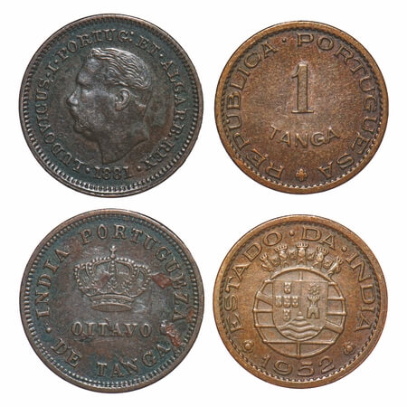 Indo Portuguese, Mixed Metal (2 Coins), 1) Oitavo/ 1/8 Tanga, 3.28g, D. Luis, 1881 AD. A.G