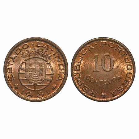 Indo Pourtuguese, Bronze, 2.01g, 10 Centavos, Republic, 1961 AD. A.Gomes (page 606) 13.03 