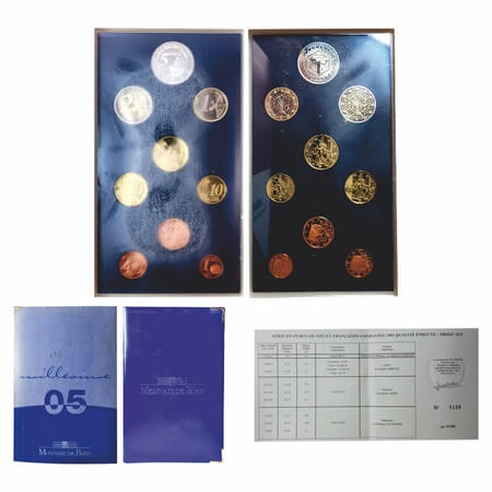 France, Euro set, 9 Proof coins, Mixed Metals, 2005, Paris Mint, 5 Euro (12.00g 0.900% Sil