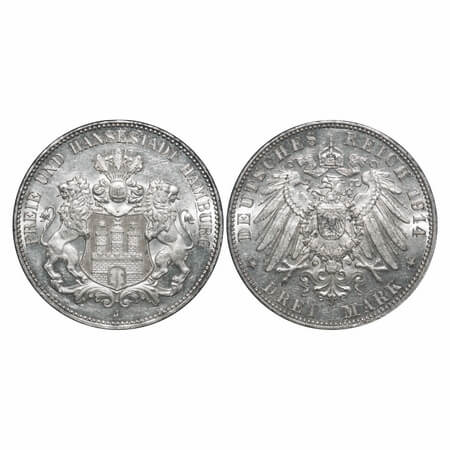 German State - Hamburg, Silver 3 Mark, 16.70g, (0.9000 silver), 1914 J. Obv: Three tower c