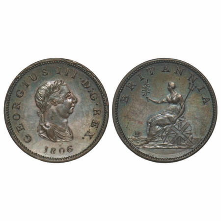 Great Britain, Copper 1/2 Penny, 9.19gm, George III, AD 1806, Obv. Portrait bust of King G