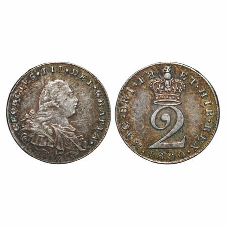 Great Britian, Silver (0.9250 Silver), 1.07g, 2 Pence, 1800, George III. KM 615. Toned Abo