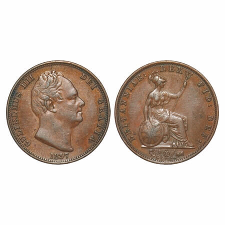 Great Britain, Copper 1/2 Penny, 9.43g, William IV, 1837. KM 706. Very Fine+, Rare.