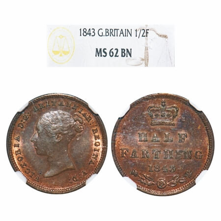 Great Britain, Copper 1/2 Farthing, Victoria Queen, 1843. KM 738. NGC graded MS 62 BN, Rar
