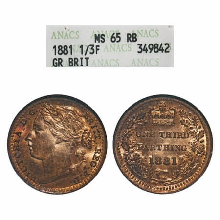 Great Britain, Bronze 1/3 Farthing, Victoria Queen, 1881. KM 750. ANACS graded MS 65 RB, R