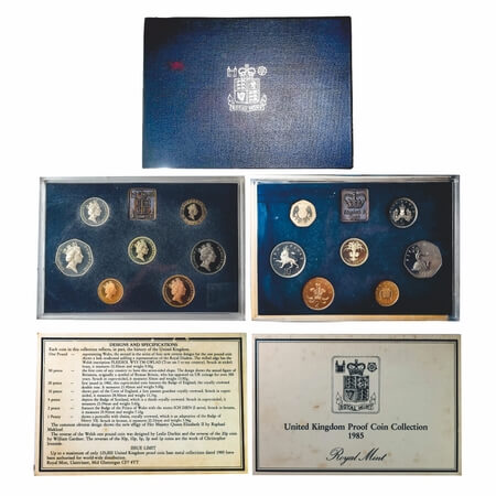 Great Britain, 7 coins Proof set, 1985 Mixed Metals, 1 Pound, 50,20,10,5,2, Pence & 1 Penn