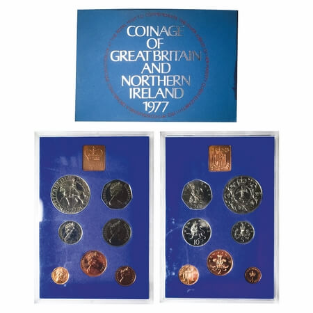 Great Britain And Northern Ireland, 7 coins Proof set, 1977 Mixed Metals, 50,25,10,5,2,1,1