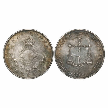 Kenya Mombasa, Silver Rupee (0.917 silver), 11.67g, 1888 AD (H / Birmingham Mint), Obv: we