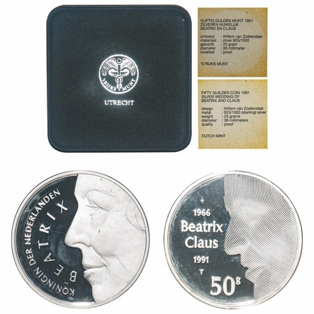 Nederland, 50 Gulden Proof, Silver 25.00g (0.925% silver), 1991, Queen Beatrix (1980-2013)