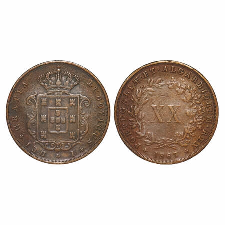 Portugal, Copper 20 Reis, 24.52g, Luiz I (1861-1889 AD), 1867 AD, Obv: Crown, Rev: denomin