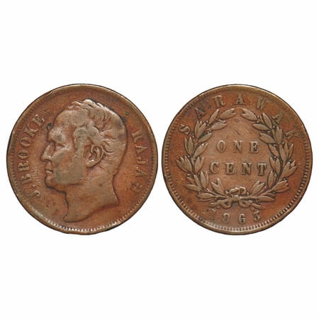 Sarawak, Copper 1 Cents, 9.14g, 1863 AD, Obv: Bust of Charles V Brooke Rajah to left, Rev: