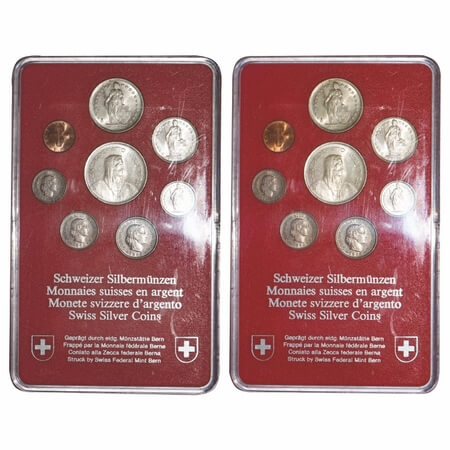 Switzerland, Set of 8 coins UNC, Mixed Metals, 5 Francs 1969 (15.00g, 0.835 Silver) KM 40,